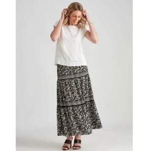 Max Studio Tiered Floral Maxi Skirt Women Size Large NWT Black White
